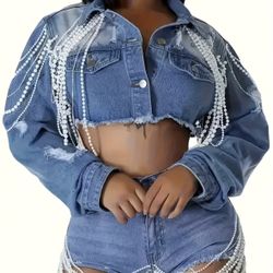 Denim Pearl Crop Jacket 