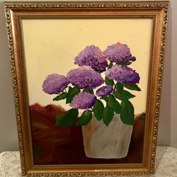 Framed (No Glass) Original Unsigned Painting-Hydrangeas In Pot
