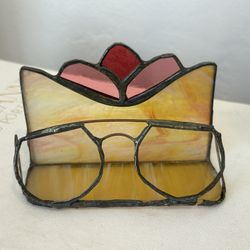 Vintage Tiffany Stain Glass Style Metal Glass, Glasses Card Holder, Mid-Century, Modern Unique Artisan Collectible