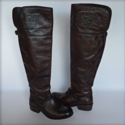 Frye Lynn Logo Over The Knee Cuffed Dark Brown-Magohany Leather Boots Sz 6