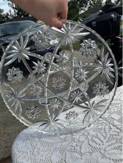 Vintage Pressed Glass Starburst Serving Set – 14” Platter, Footed Bowls, Covered Candy Dish & Relish Dish