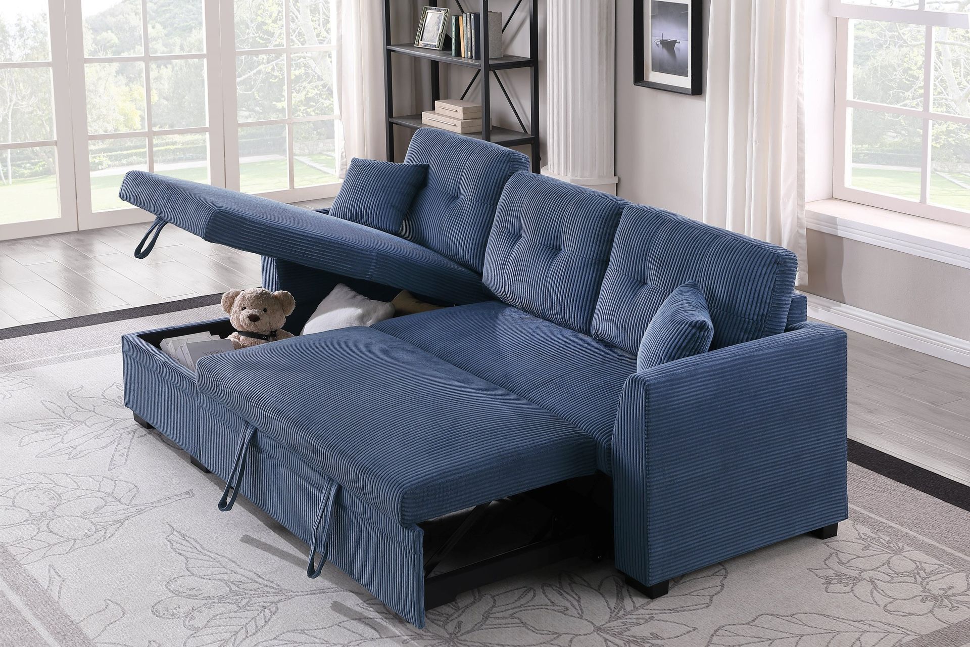 84” Corduroy Sleeper Pull Out Sofa Bed Sectional Couch with Reversible Storage Chaise