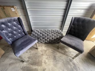 3pc Set 2 Grey Tufted Chairs And Bench
