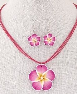 Prosperous Peach Flower Rope Pendant Drop Earrings Set Vintage Design Elegant/Fuchsia