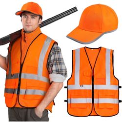 2 Pcs Blaze Orange Hunting Vest and Cap Hunting Reflective High Visibility Clothes