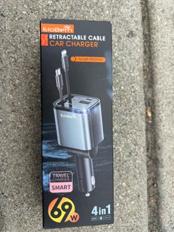 EloBeth Retractable 4-in-1 Car Charger 69W Fast Charge USB-A USB-C Lightning