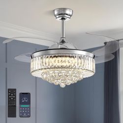 Modern 48 Inch Dimmable Crystal Fandelier, Retractable Blades Ceiling Fans with Light and Remote, Invisible LED Ceiling Fan Light Kit for Bedroom-Poli