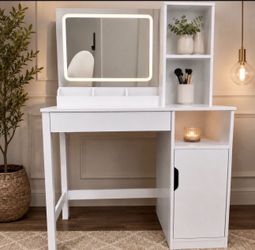 Get Ready with Me Vanity Table with Lighted Mirror and Storage, White Finish