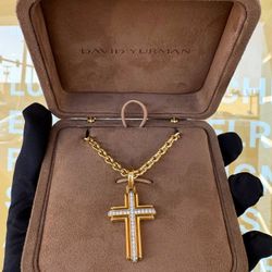 David Yurman 18K Yellow Gold Diamond CROSS PENDANT 34mm & STREAMLINE® Oval LINK chain NECKLACE 22” 4.8mm