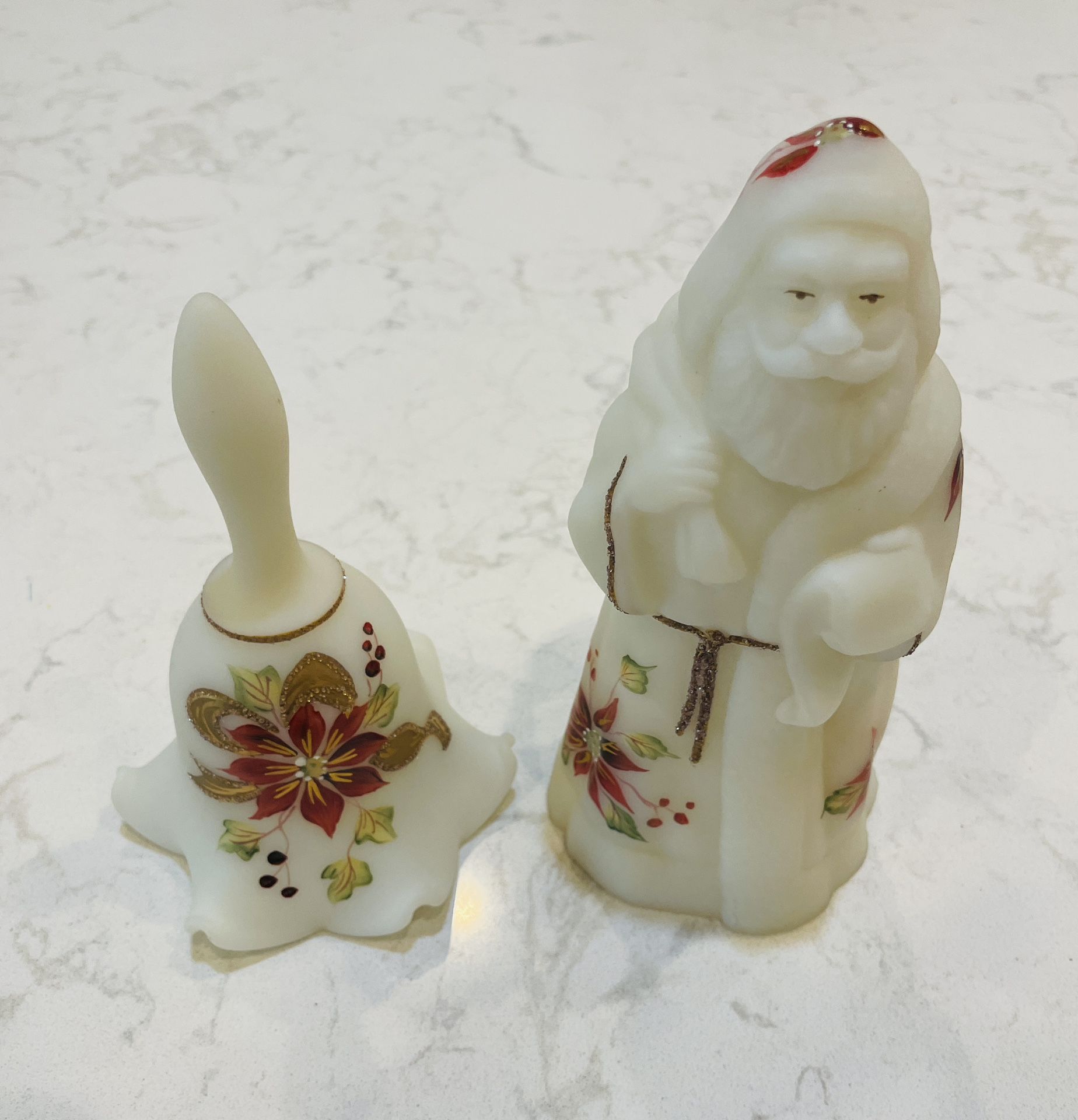 FENTON Poinsettia Design Santa & Bell