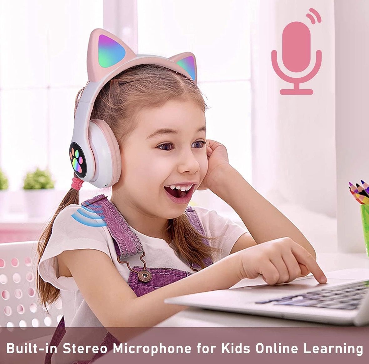 Kids Bluetooth Wireless Over-Ear Cat Ear Headphones with Microphone for Kids Teens Adults (Pink) NEW