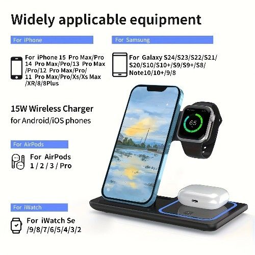 Ultra-Fast 15W Foldable 3 in 1 Wireless Charging Dock - Universally Compatible with iPhone 11-15, IWatch 1-9, AirPods 3/2/Pro - Space-Saving Design fo