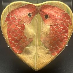 Kissing Koi Heart Shaped Woven Bamboo Trinket Box