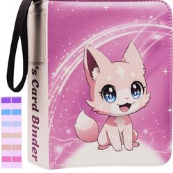 Trading Card Binder 4 Pocket Gifts for Girls, 440 Pockets Pink 3 Ring Binder, Includes Name Tag, Tab Stickers, Cards Binder Album Book Holder Case for