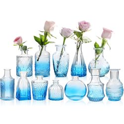  Glass Bud Vases Set of 12,Small Gradual Blue Bud Vases in Bulk,Vintage Flower Vases for Centerpieces,Rustic