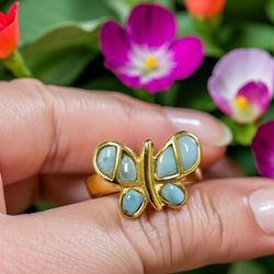 Beautiful Size 7 Larimar Butterfly Ring With 18k Gold Over Sterling Silver.