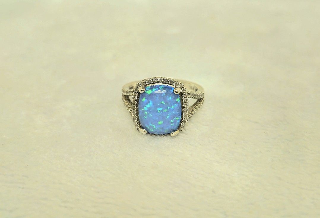 Sterling Silver Blue Opal Ring Size 7 And 1/4