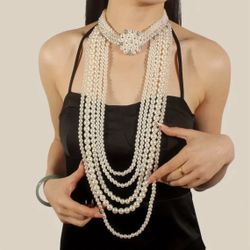 Brand New Gorgeous Faux Pearl Multi Layer Necklace & Earrings Set