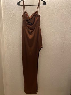 Brown Satin Cowl Neck Maxi Homecoming Dress