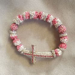 Elastic Bling Crystal Rhinestone Pink Silver Cross Bracelet Bangle