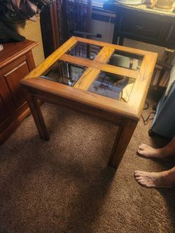 Oak end table with beveled glass
