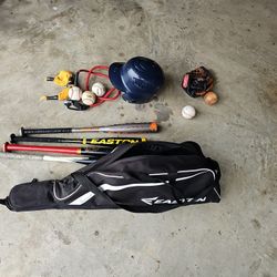Baseball bats, bag, and helmet 