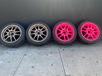 Set 4-17x8 WORK Emotion wheels, 5x100, 2 bronze, 2 Pink w 225/45/17 Bridgestone Potanza tires, 75% tread, sell all $675.00 cash
