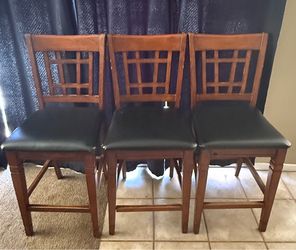 Set of 3 Wood Bar Stools with Black Cushions