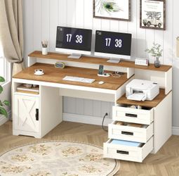 65'' Home Office Desk with Power Outlets, Storage Cabinet and Printer Stand, Study Writing Desks with Long Monitor Stand, Brown and White