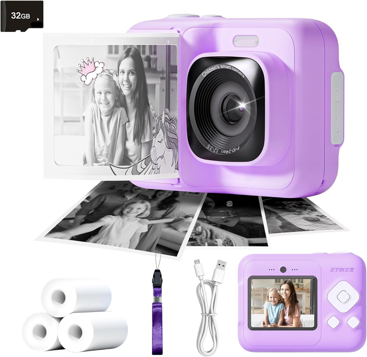 Kids Camera, 1080P Instant Digital Print Camera for Kids, Christmas Birthday Gifts for 4 5 6 7 8 9 10 Year Old Girls Boys, Portable Toy with 32GB SD C