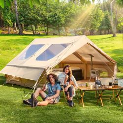 6-8 Person Inflatable Camping Tent, 13 x 10 FT Large Family Air Tent with Pump, Skylights, Stove Jack and Extended Canopy, 300D Oxford Easy