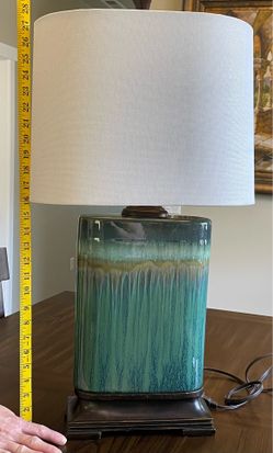 Large Teal Green Drip Glaze Ceramic Table Lamp w/ White Drum Shade, NO Bulb Included - MCM Style