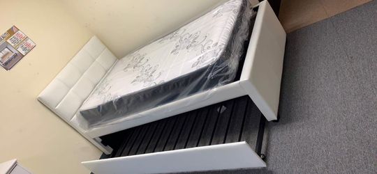 New metal bed frame covered in leather twin twin complete with deluxe brand mattress and topper and installation