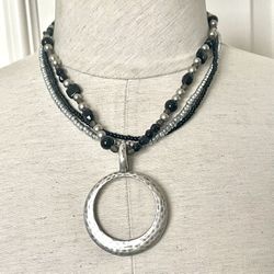 Premier Designs Black And Silver Beaded Removable Pendant Necklace 
