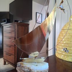 MCM De Mott Sailboat & Seagull Sculpture Brass & Onyx