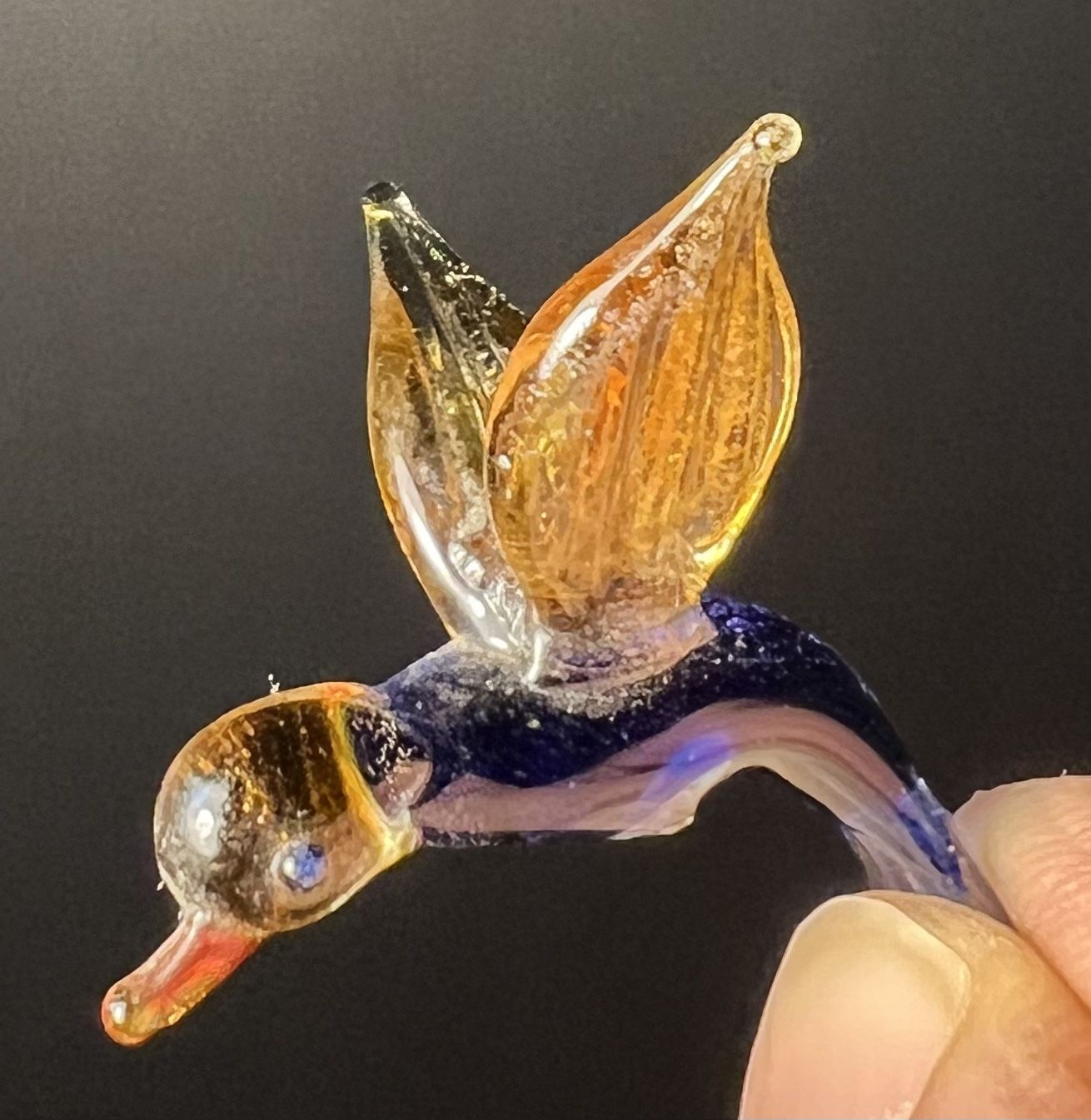 Murano Style 1980s Miniature Glass Bird Amber Wings, 1x0.75”, DAMAGED FOR PARTS