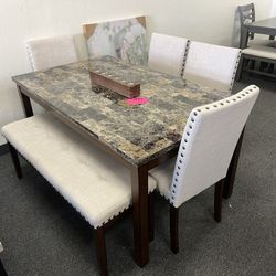 Dining Room Set With Faux Marble Top And Linen Chairs With Bench 