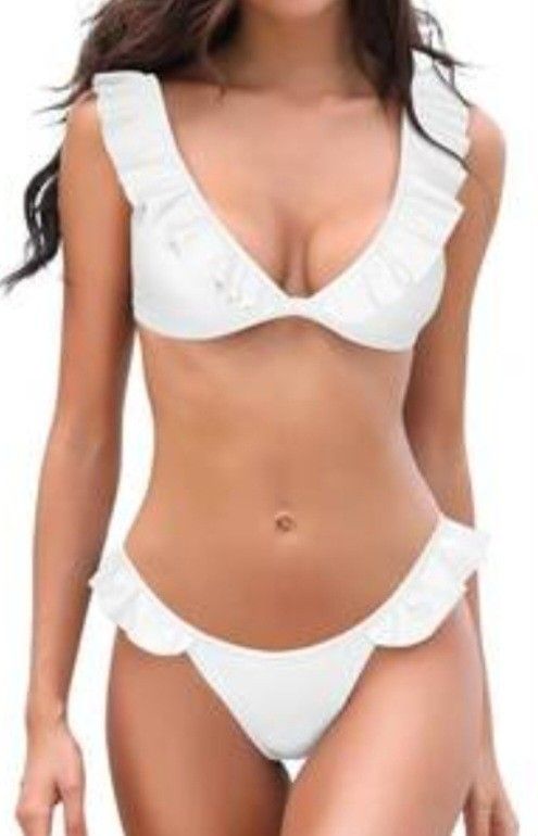 SHEKINI Women's Small Venice White Ruffle Flounce Bikini Two Piece NWT