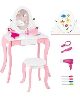New in Box Kids Vanity Set, 2 in 1 Princess Makeup Dressing Table w/Double-Sided 360° Swivel Mirror