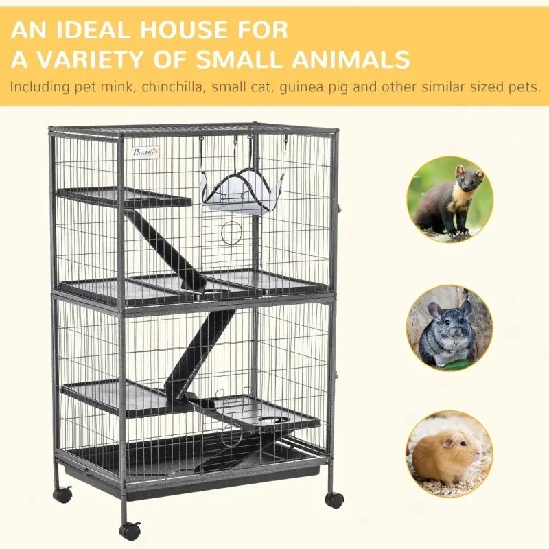PawHut Deluxe Cage Rolling Pet Product Play House Home with Platform, Ramps, Slide Out Tray, 4-Tier with Hammock and Universal Wheels