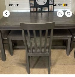 Gray table bench set one bench 4 chairs
