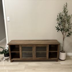 Pemberly Row 64" TV Stand Console Entertainment Center Credenza with Glass Door Storage in Dark Walnut