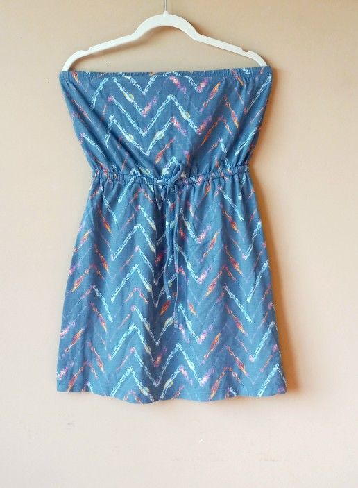  Strapless Dress Womens Size M / Medium Blue Striped Drawstring Waist Sundress  