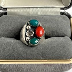 Vintage Navajo Sterling Silver Turquoise & Coral Cluster Ring Lenora Begay LBC