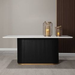 Modern Rectangular White Dining Table with Black Metal Base and Golden Trim