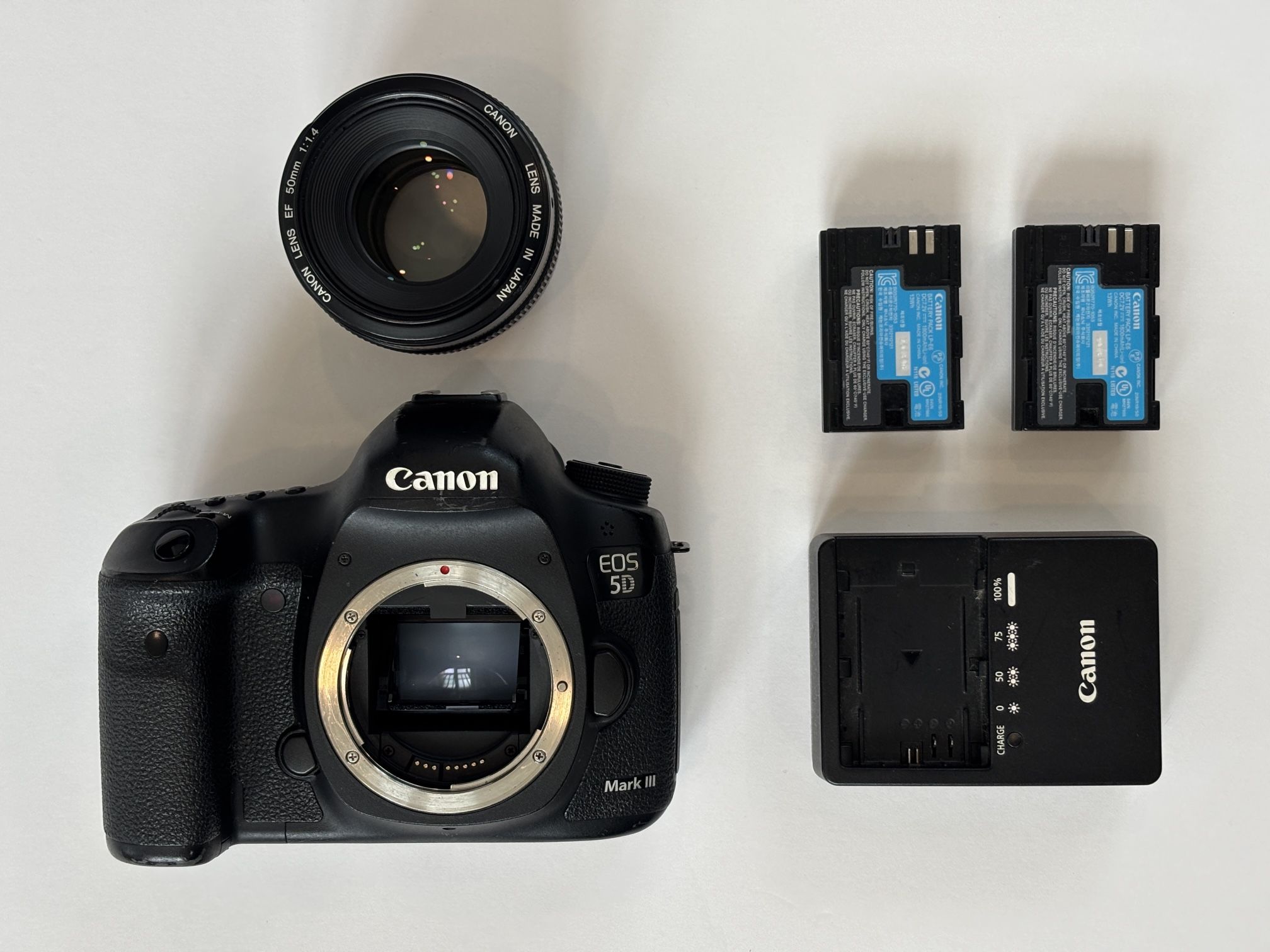 Canon 5D Mark III, 50mm f/1.4, 2 Batteries and Charger
