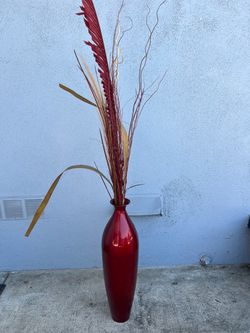 Tall Red Floor Vase with Dried Stems