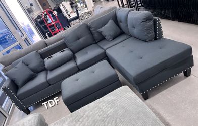 Brand New Charcoal Linen Sectional Sofa +Storage Ottoman (New In Box)