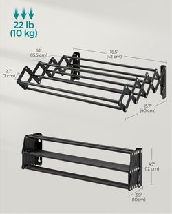 SONGMICS Clothes Drying Rack Wall-Mounted 9 Staggered Hanging Rods - Black
