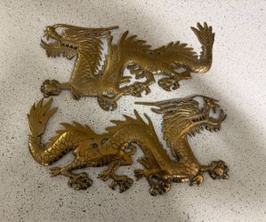 Pair of Chinese Wall Mounted Brass Dragons 16”